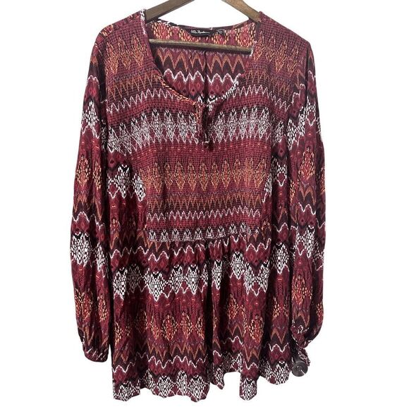 Ulla Popken Top Women 22‎ Red Geometric Pattern Long Tunic Stretch - Picture 1 of 7